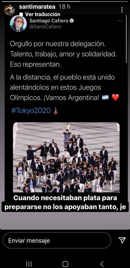 La historia de Instagram en la que Maratea cruzó a Cafiero por los atletas argentinos que habían quedado afuera del Campeonato Sudamericano 