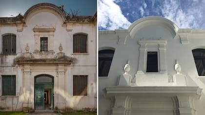 Antes y después de la fachada histórica del Segundo Hogar José Devoto, hoy Palacio Cabrera.