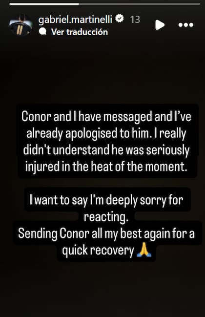 La historia en Instagram de Gabriel Martinelli, pidiendo disculpas públicamente tras el episodio con Conor Bradley