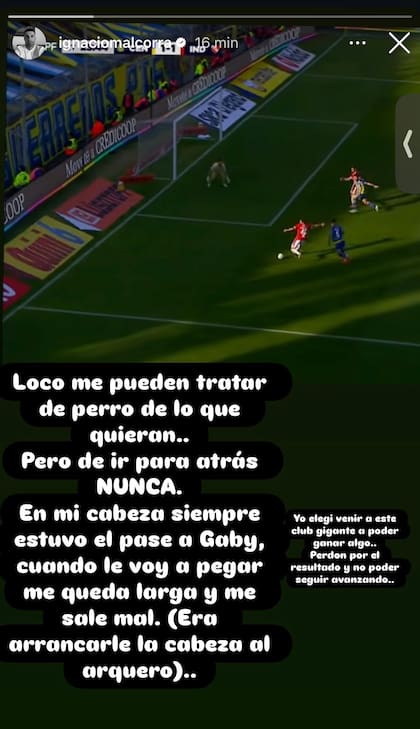 La historia que Ignacio Malcorra publicó en Instagram luego de una jugada en la que finalizó mal en el duelo ante Rosario Central