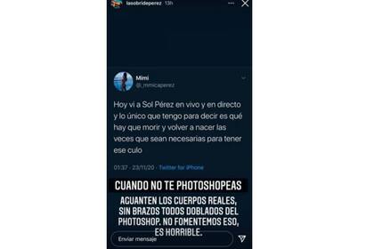 La historia que Sol Pérez compartió adjuntando el "piropo" que recibió. Imagen: captura de pantalla