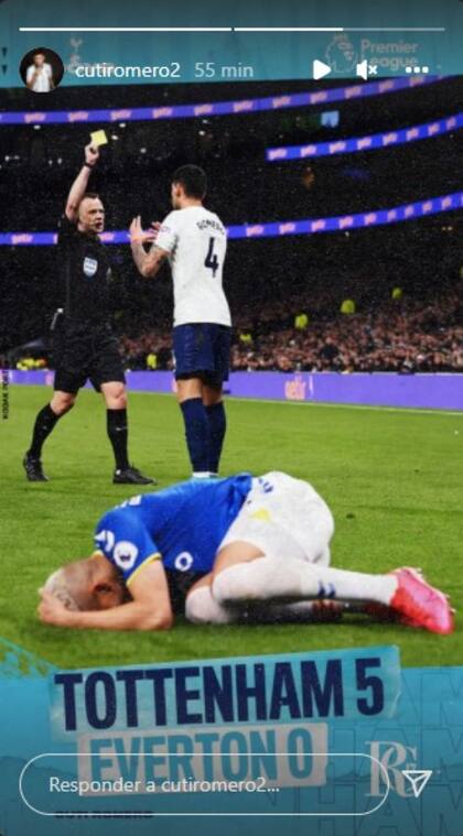 La historia que subió en su cuenta de Instagram Cuti Romero una hora después del triunfo de Tottenham ante Everton por 5-0