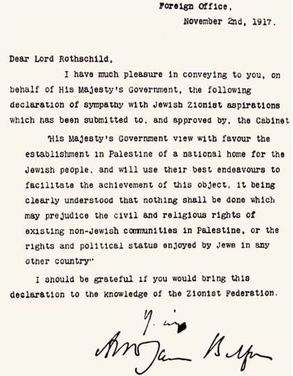 La histórica carta de la Declaración Balfour de 1917