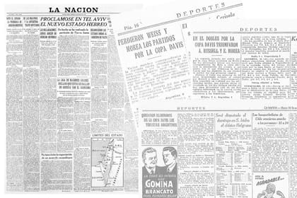 La histórica tapa del diario LA NACION del 15 de mayo de 1948, el día que se proclamó el estado de Israel y los recortes de los partidos de la serie ante Bélgica