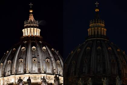 La cúpula de la Basílica de San Pedro en el Vaticano, antes y después del apagón por el planeta