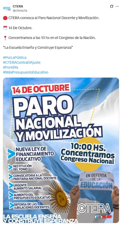 La huelga fue convocada por la Confederación de Trabajadores de la Educación de la República Argentina (Ctera)