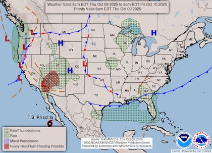 La humedad residual del ciclón tropical Priscilla, que se debilita al oeste de Baja California, generará lluvias de gran magnitud y tormentas eléctricas sobre el suroeste y la región de las Cuatro Esquinas