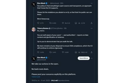 La ida y vuelta entre Elon Musk y Thierry Breton sobre el contenido que circula en X referido a la lucha entre Hamas y el ejército israelí
