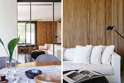 “La idea de separar el estar íntimo del comedor usando puertas corredizas de vidrio es que sea cerrado al ruido y abierto a la vista. Además, así se luce el revestimiento de madera, en la misma tónica del living”.