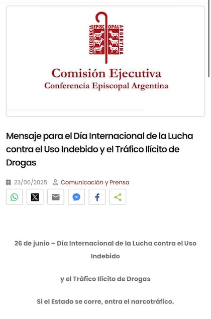 La Iglesia difundió este lunes un documento con un mensaje por el Día Internacional de la Lucha contra el Uso Indebido y el Tráfico Ilícito de Drogas