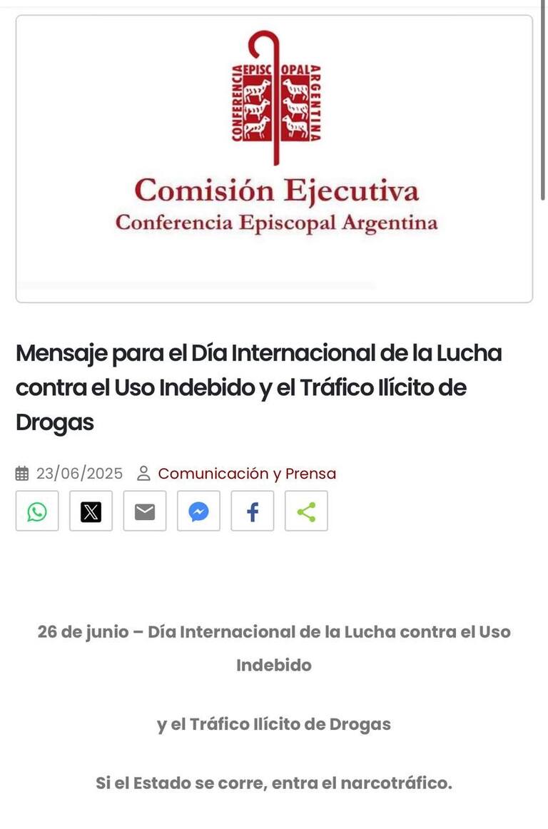 La Iglesia difundió este lunes un documento con un mensaje por el Día Internacional de la Lucha contra el Uso Indebido y el Tráfico Ilícito de Drogas