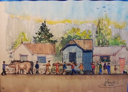 La ilustración de la arquitecta Tili Solanas que retrata el original método de traslado con bueyes de las partes de la casa