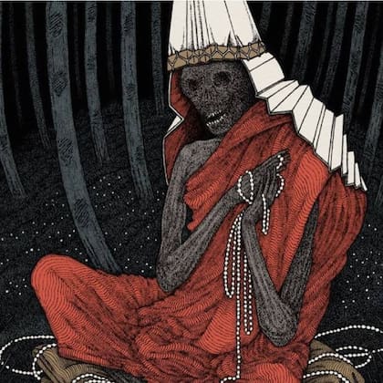 La ilustración representa uno de los monjes que logró alcanzar el sokushinbutsu; la mayoría de ellos fueron hallados sentados en posición de loto y con un rosario budista en sus manos