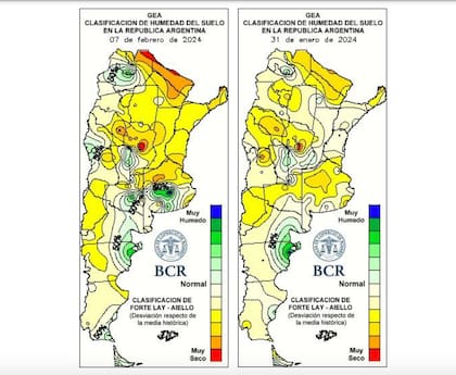 La imagen de la BCR muestra la humedad de los suelos al 31 de enero pasado y al 7 de febrero último