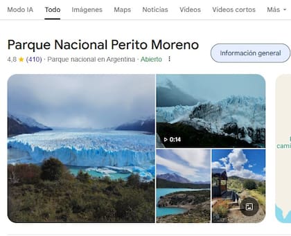 La imagen de la confusión: el glaciar Perito Moreno (en el PN Los Glaciares) ilustra la imagen principal del PN Perito Moreno, que queda 570 km más al norte