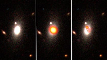 La imagen de la izquierda es de una galaxia observada en luz visible. La imagen del medio muestra la misma galaxia pero vista en frecuencias de radio, y a la derecha está la imagen de alta definición
