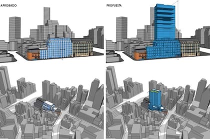 La imagen de la izquierda muestra el primer proyecto aprobado y la de la derecha la ampliación pedida por la empresa constructora en Palermo Chico