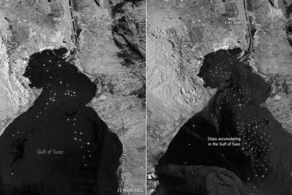 La imagen de la izquierda muestra los barcos esperando pasar por el Canal de Suez el domingo 21 de marzo. La imagen de la derecha muestra a los barcos el jueves 25 de marzo, dos días después de que el Ever Given quedara atascado