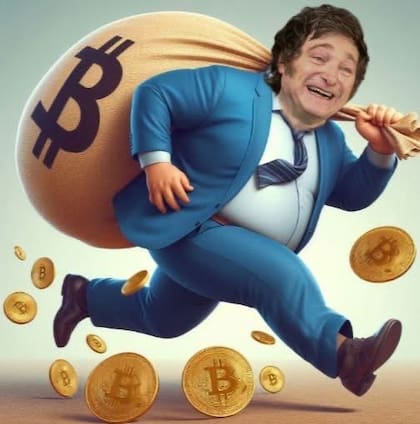 La imagen de Milei editada cargando una bolsa de Bitcoin, una de las criptomonedas más reconocidas
