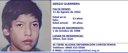 La imagen de Sergio Guerrero ya está en la web de Missing Children Argentina