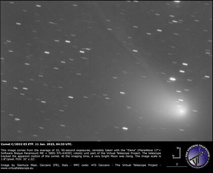 La imagen del cometa C/2022 E3, capturada a distancia con la unidad robótica "Elena", disponible en el Virtual Telescope Project