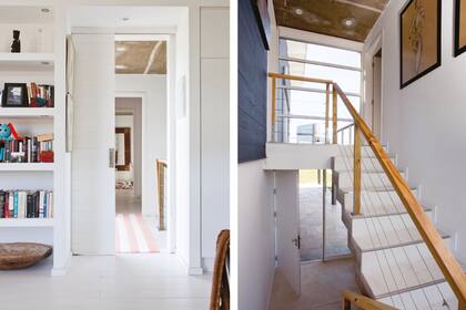 La imagen muestra la comunicación del ambiente principal (en el volumen de steel framing revestido en madera) con el de los dormitorios (hecho con mampostería). En planta baja solo había un cuarto para huéspedes.