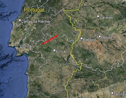 La imagen muestra su trayectoria; Se inició al oeste de la región portuguesa de Évora y finalizó al sur de la región del Alentejo, cerca del límite con la región de Évora