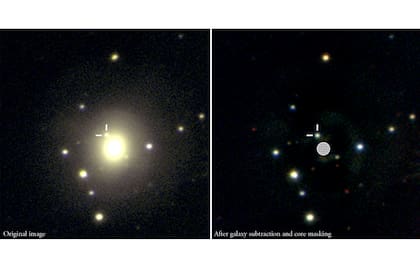 La imagen óptica obtenida del choque de estrellas neutrónicas: a la derecha, con la galaxia huésped removida.