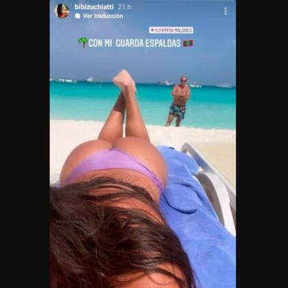 La imagen que Bibi Zuchiatti compartió en Instagram donde grabó su locación: Kuramathi Maldives. Allí, también definió a Rubeo como "mi guardaespaldas"