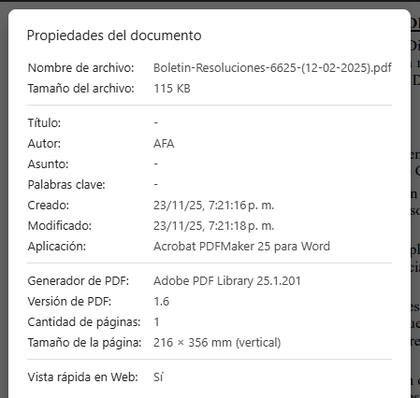 La imagen que presenta los últimos cambios realizados en el Boletín de Resoluciones 6625, con fecha original del 12 de febrero, y aparentemente modificado el domingo 23 por la noche