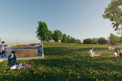 La imagen simula el proyecto que planea el gobierno para instalar un espacio verde y público entre locales comerciales, gastronómicos y de otros usos