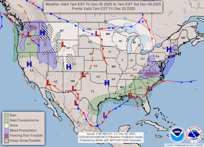 La inestabilidad en el Atlántico Medio persistirá hasta la mañana del viernes, con un sistema de baja presión moviéndose desde el sur de Georgia hacia Carolina del Sur, lo que arrastrará humedad y provocará nieve ligera a moderada