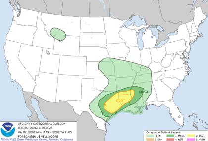 La inestabilidad intensa se concentrará el lunes en la región del Ark-la-tex: al este de Texas, norte de Louisiana, sur de Arkansas y oeste de Mississippi
