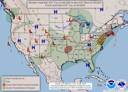 La inestabilidad persistirá hasta el viernes: aunque disminuirá la intensidad, se mantendrá probabilidad de lluvias con máximas alrededor de 85°F (29°C)