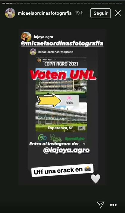 La influencer Micaela Ordinas pidió a sus seguidores que voten la Universidad Nacional de Litoral.