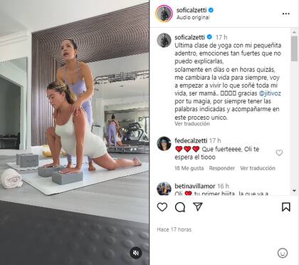 La influencer reflexionó sobre su última clase de yoga con su bebé en la panza (Foto: Instagram @soficalzetti)