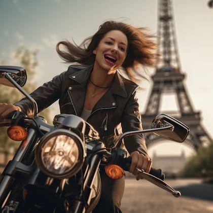 La ingeniera sonriente en otra imagen "fake" conduciendo una moto con la torre Eiffel de fondo