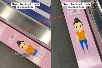 La iniciativa consiste en una serie de imágenes de una mujer con sobrepeso que señala la cantidad de calorías que se pierden al caminar en lugar de utilizar una caminadora eléctrica (Fuente: TikTok / Pasaportete)