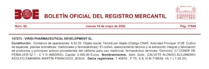 La inscripción de Viridi Pharmaceutical en el Registro Mercantil español, con Calvete como administrador