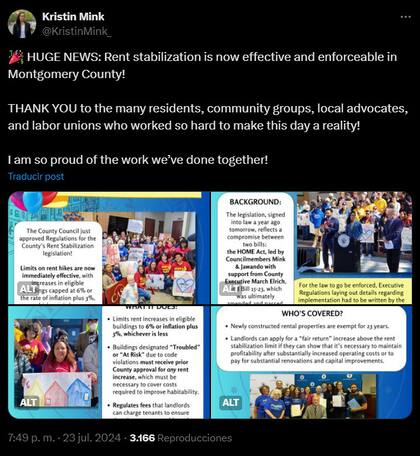 La integrante del Consejo del condado de Montgomery, Kristin Mink, informa la aprobación de esta ley vía redes sociales