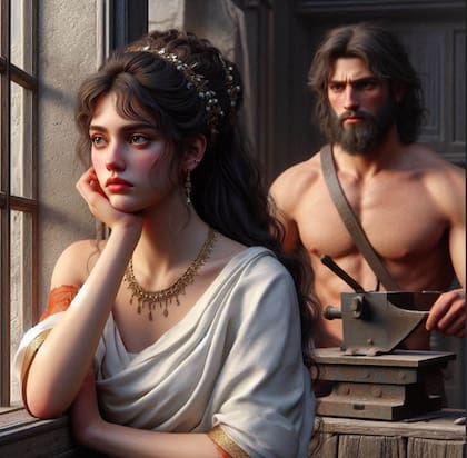 La inteligencia artificial de Copilot imagina a Afrodita, diosa griega del amor, con su marido, el dios del fuego, Hefesto