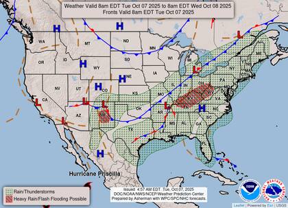 La interacción entre una masa de aire frío y la humedad del Golfo de México provocará acumulaciones de lluvia de 2 a 4 pulgadas (50-100 mm) en Kentucky y el Valle de Ohio