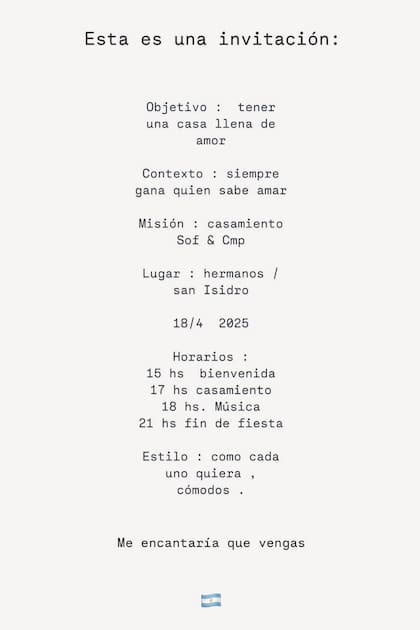 La invitación a la boda. Fiel al estilo de los novios, el dress code fue relajado: “Como cada uno quiera, cómodos”, decía la tarjeta.