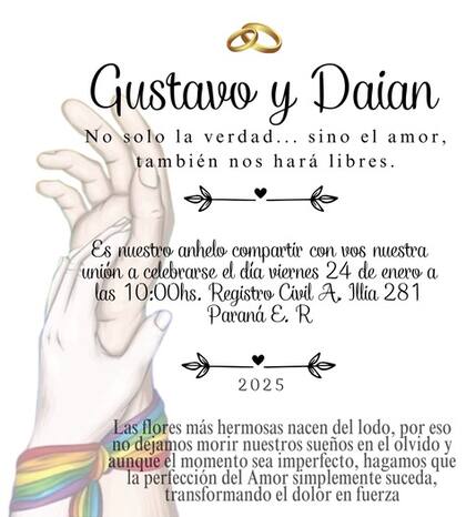 La invitación al casamiento de Gustavo Saavedra y Daian Castro