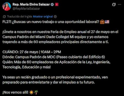 La invitación de María Elvira Salazar en su cuenta de X