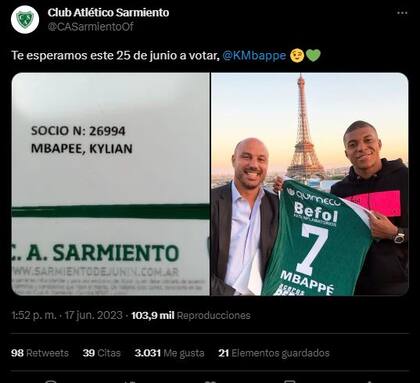 La invitación de Sarmiento de Junin a Kylian Mbappé. Captura Twitter