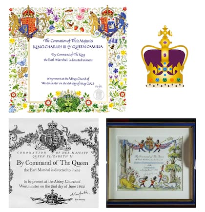 La invitación (inspirada en la de su madre y fiel reflejo del amor que siente por la naturaleza), el emoji lanzado para la ocasión, la tarjeta de la coronación de Isabel II, en 1953 y la que recibió el por entonces príncipe Carlos para acompañar a su mamá.