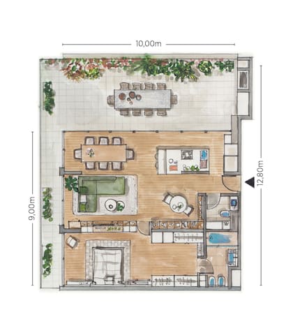 La isla de cocina, la mesa del comedor y la mesa exterior se orientaron igual, de modo que el triángulo funciona en conjunto como un todo capaz de acoger grandes reuniones.
