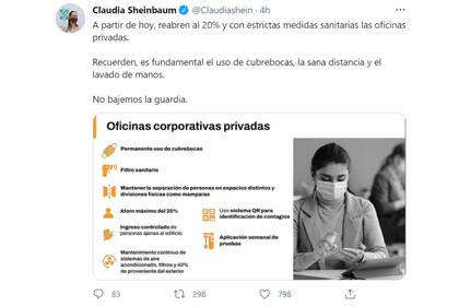 La jefa de Gobierno de la Ciudad de México anunció la medida a través de su Twitter