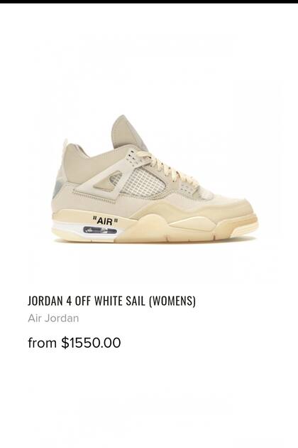 La Jordan 4 Off White Sail se venden en Hype Huntd a 1550 dólares (unos $285.000; los talles chicos se cotizan todavía más
